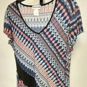 Rodan Size L Multicolor Blue Short Sleeve Tunic Top